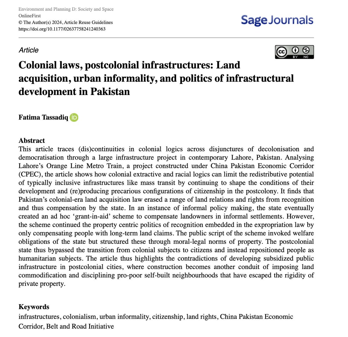 New OA paper by our @fatimatassadiq 'Colonial laws, postcolonial infrastructures: Land acquisition, urban informality, and politics of infrastructural development in Pakistan' in EPD @SocietyandSpace. Read here: journals.sagepub.com/doi/10.1177/02…