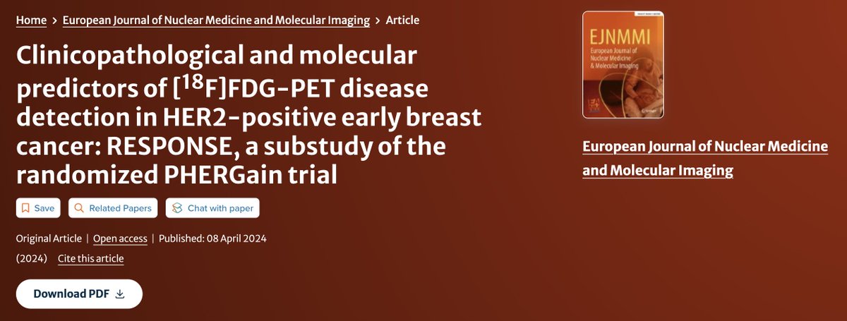 Another recognition for the #PHERGain trial, this time for an exploratory analysis in European Journal of Nuclear Medicine and Molecular Imaging (@SpringerHealth ). You can access the publication here: link.springer.com/article/10.100… #EJNMMI #BreastCancerResearch #innovation