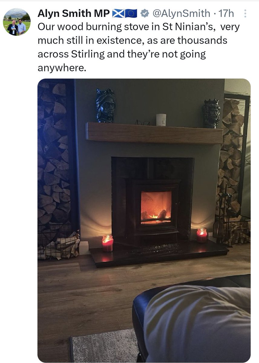 #InsaneMomentsinBritishPolitics SNP MP responds to his party's ban on new wood stoves by posting his own , mocking those who won't be able to get one: