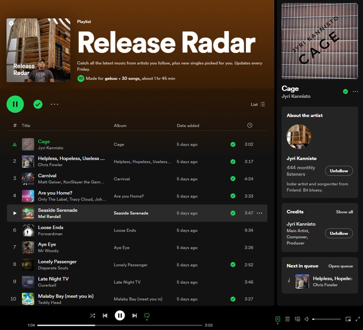 My #Spotify #ReleaseRadar has been really cool listening so far this week... Great #NewMusic release from @JyriKannisto @chrisfowlersong @KonSlayer_GW @onlythehost @MelRandall11 @SoulsDisparate @chelseadan1409 AWESOME #IndieMusic!! ❤️🤘