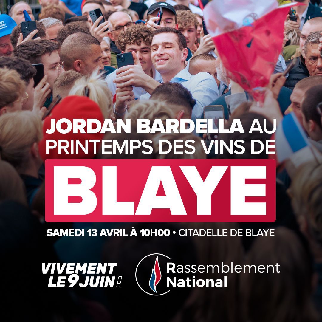 🇫🇷 Samedi à partir de 10h, 
<a href="/J_Bardella/">Jordan Bardella</a> sera présent au Printemps des vins de Blaye ! #vi