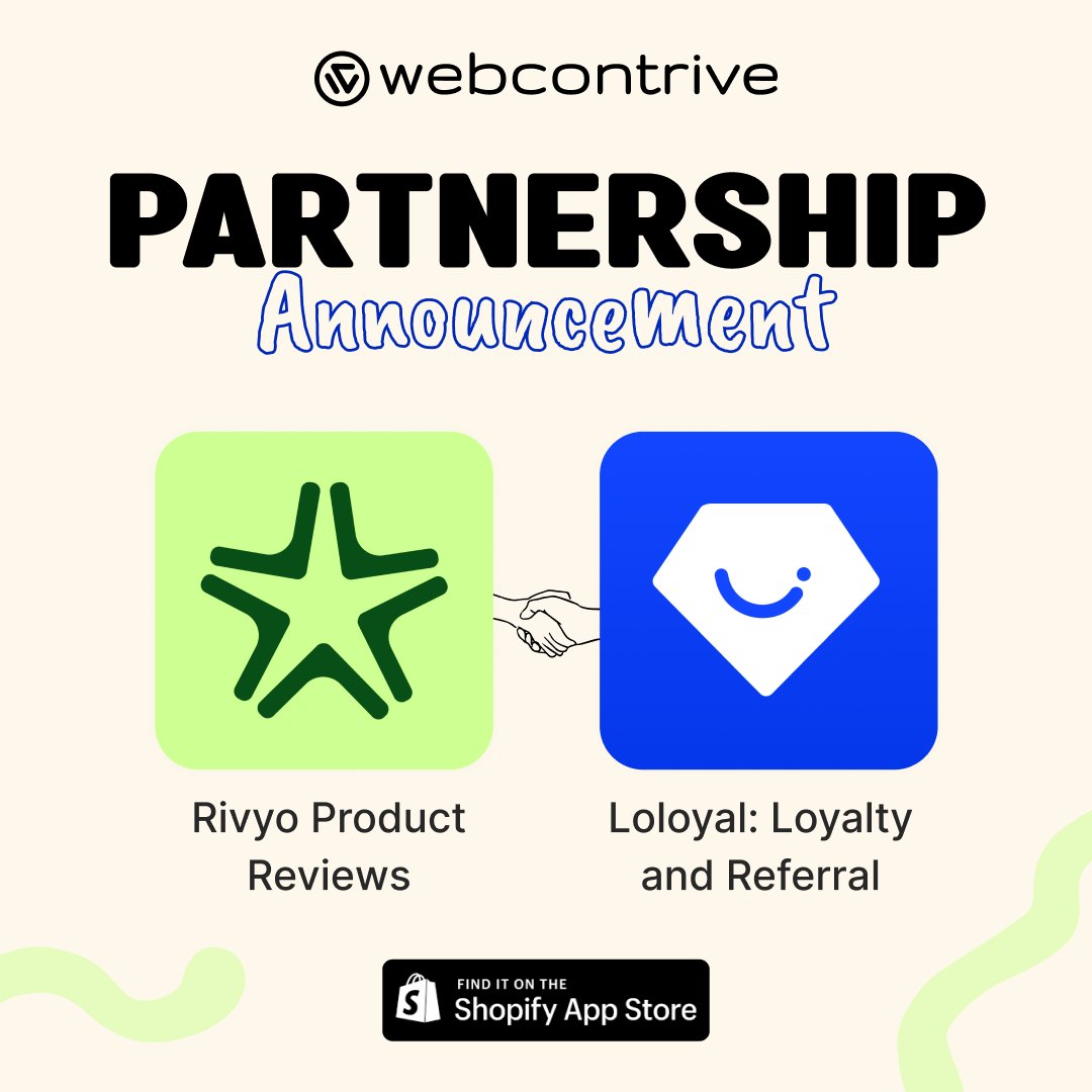 Rivyo🤝Loloyal  

Click here 🔗 share.channelwill.com/app/33661649d1… and try our new partner Loloyal: Loyalty & Referrals for free.🥳

#rivyo #loloyal #partnershipannouncement #webcontrive #productreviews #shopify #shopifyplus #onlinestore
