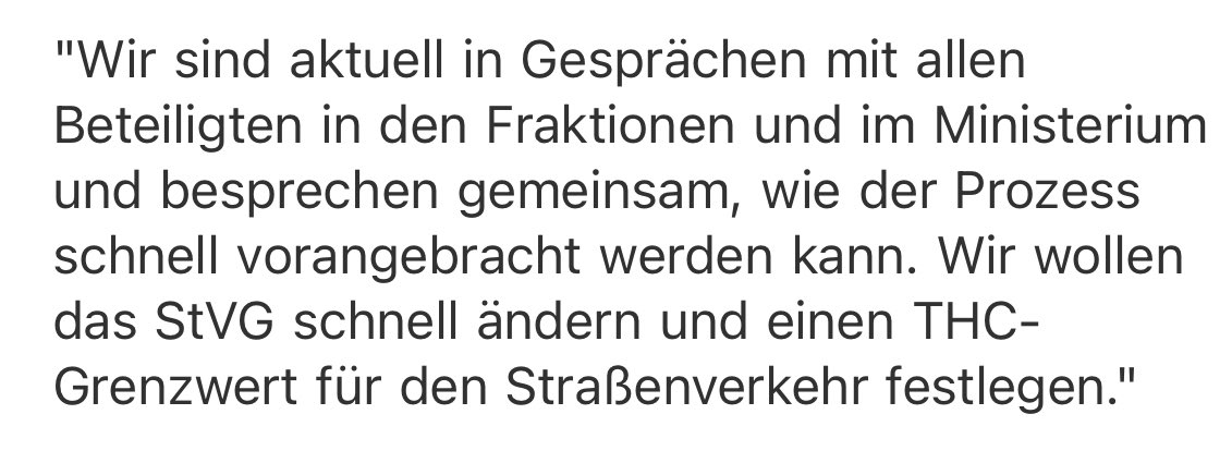 Anhebung des #THC-Grenzwertes im StVG: Habe mal bei der 'Berichterstatterin für #Verkehrssicherheit' der @GrueneBundestag , @SwantjeMichael1 nachgefragt, wie weit die Pläne gediehen sind. Antwort klingt nicht wirklich nach zeitnaher Vorlage e. Gesetzentwurfs… #Cannabis #Weedmob