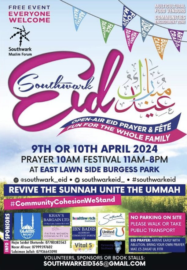 Eid Mubarak to all Muslims in #Southwark and across the world. Wishing all fulfilled joy and blessings. If you are around Southwark, join the community celebration today at Burgess Park from 10am - 8pm. #EidMubarak #Eid2024 🎉