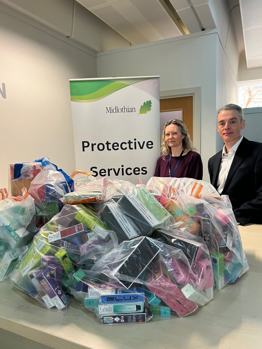 Pictured are Gail McElroy who manages the council’s Trading Standards team and Cllr Stuart McKenzie with just some of the 2,300 illegal vapes seized by the council from local retailers over the past year.
More information:  ow.ly/HBRI50Rc5mp
#illegalvapes #tradingstandards