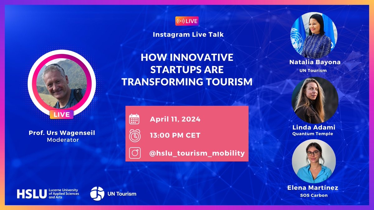 Do you want to learn more about innovation in the tourism Sector? 🤔 Join us on the Live Session on Instagram with @hslu_tourism_mobility🌟 🗓️11th April 🕐13 h(CEST) With the startup winners in two of UN Tourism startup competition: @sos_carbon @quantum_temple @UNWTOAcademy