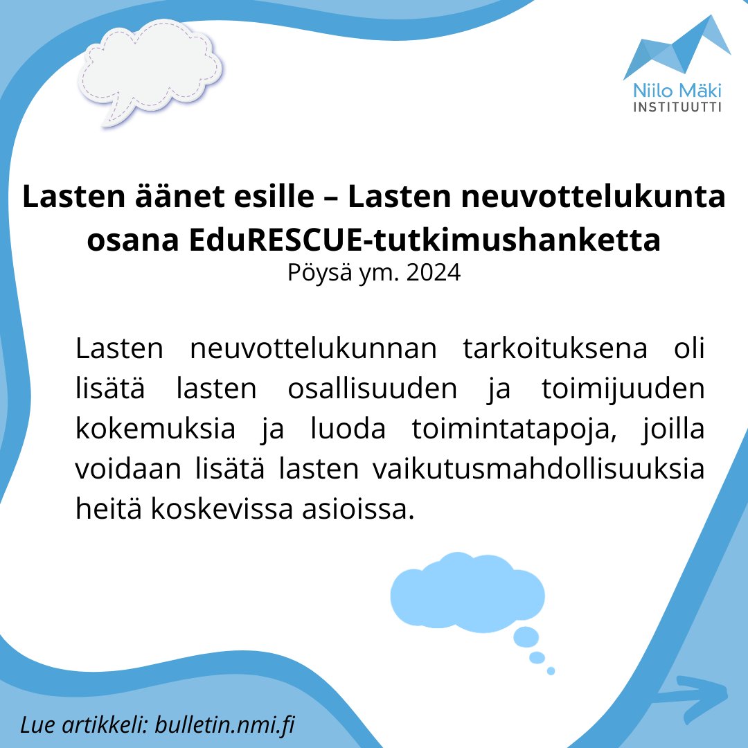 🗨️ Uudessa artikkelissa tutkijamme kuvaavat lasten neuvottelukunnan toimintaa ja tuovat esille neuvottelukunnan viestejä aikuisille ja päättäjille📢
 
✍️ <a href="/SanniPoysa/">Sanni Pöysä</a>, Sorkkila M., Elomaa M., Pakarinen E. &amp; Lerkkanen M.-K.

<a href="/NMItiedotus/">NiiloMäkiInstituutti</a> <a href="/Akatemia_STN/">Strateginen tutkimus</a>

👉 bulletin.nmi.fi/wp-content/upl…