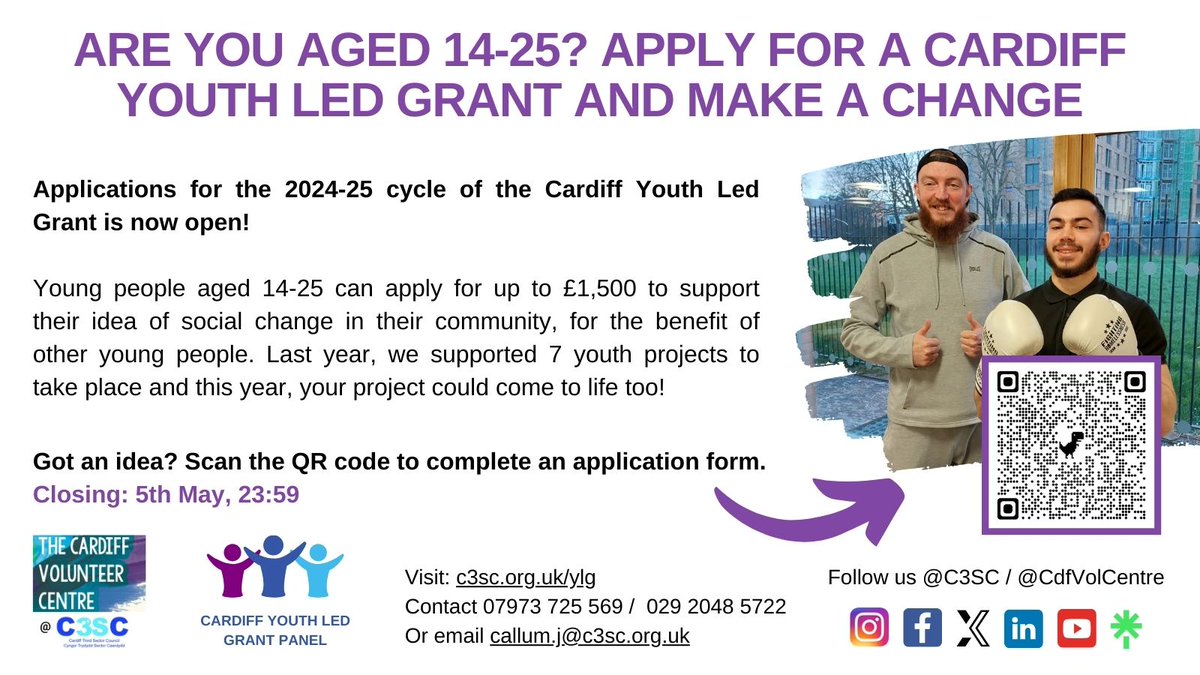 Last year, @CardiffYLGP funded 7 youth projects to support a social cause in their community of young people. This year, we are back! Young people aged 14-25 can apply for small grants of up to £1,500 to make a change - with your idea. Apply by 5th May: forms.office.com/Pages/Response…
