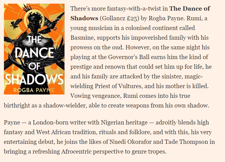 The brilliantly talented @RogbaPayne's debut, THE DANCE OF SHADOWS, has been picked as a best new sci-fi book by @FT 🎉🙌 ft.com/content/469087…