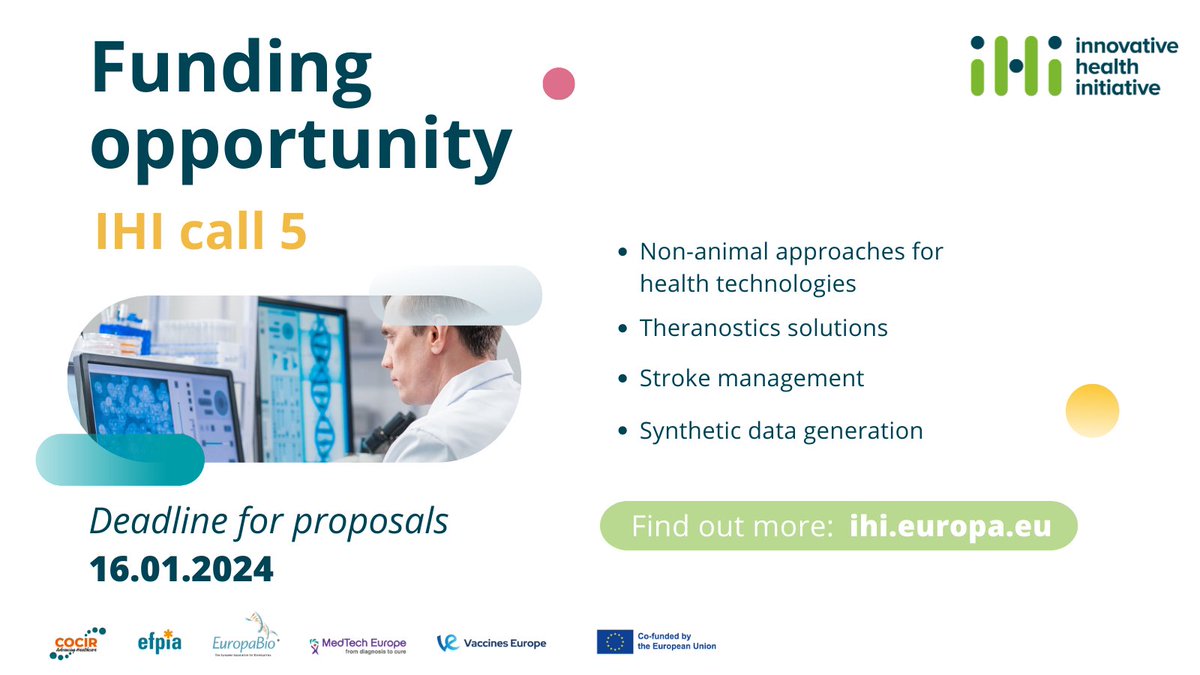 COCIR's tweet image. 🚨#IHICall5 results are in!

🔬7 proposals were selected across the 4 call topics of #theranostics, #strokemanagement, #syntheticdata and #the3Rs.

🎊 Congratulations to all applicants on their hard work!

Learn more about Call 5 results👉 ihi.europa.eu/sites/default/…