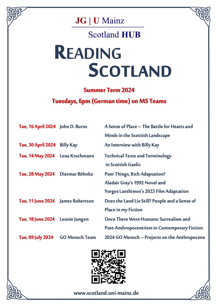 READING SCOTLAND is back! 📚🏴󠁧󠁢󠁳󠁣󠁴󠁿 Make sure to join us for a series of amazing talks. 🤗 Find more information here: scotland.uni-mainz.de/reading-scotla… @uni_mainz @ScotGovGermany @scotlit @UoA_LLMVC
