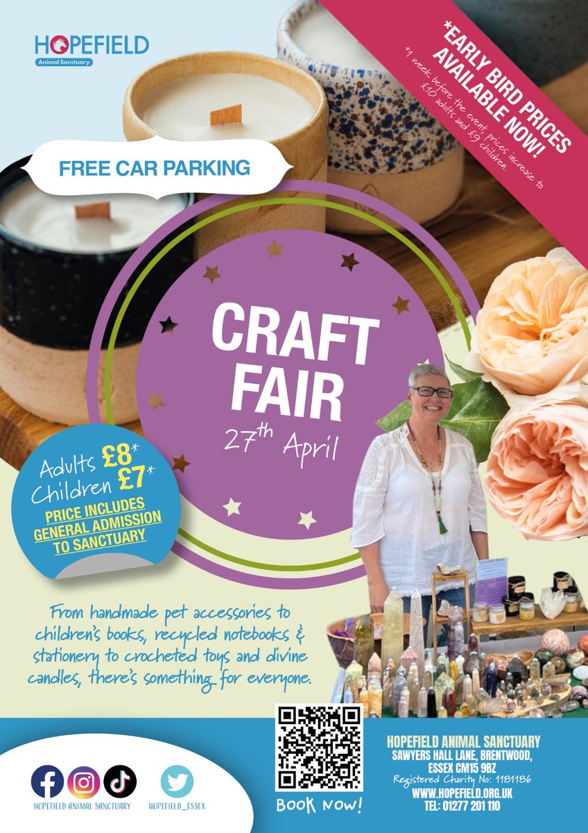 Our early bird tickets are now on sale for our amazing craft fair! Ticket prices include entry into the sanctuary to meet our amazing rescued residents, and all proceeds go back into caring for them too. All the wins! #craftfair #essex hopefield.org.uk/book-tickets/