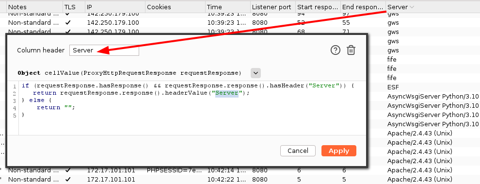 MasteringBurp's tweet photo. Since EA 2024.3.1, it's possible to add custom columns to all the tables visible in Burp Suite

In the following screenshot, I simply extract the value of the "Server" header https://t.co/xzpZDR1TeG
