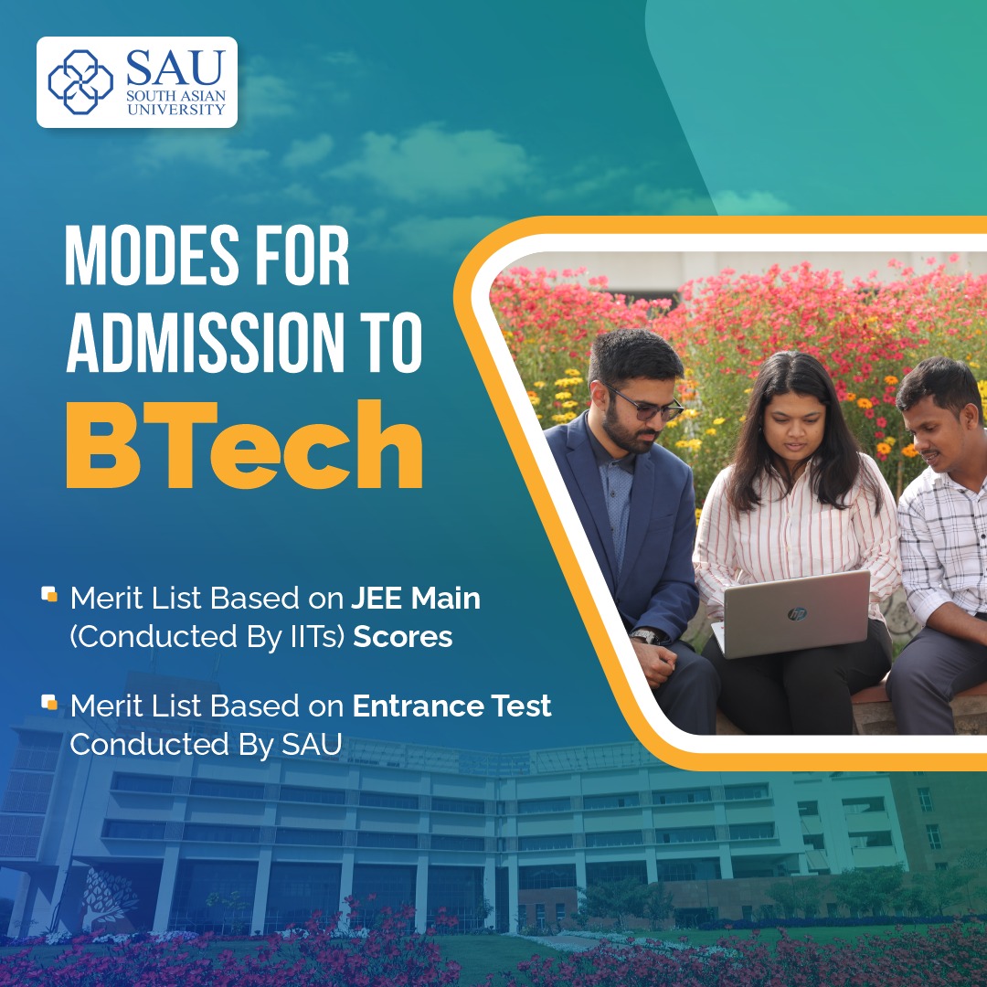 Choose South Asian University for your study in technology. Enrol via two distinct admission pathways: JEE Main scores and SAU's Entrance Test. Unlock the doors to our renowned BTech programme. Join a community dedicated to shaping tomorrow's innovators and experience a