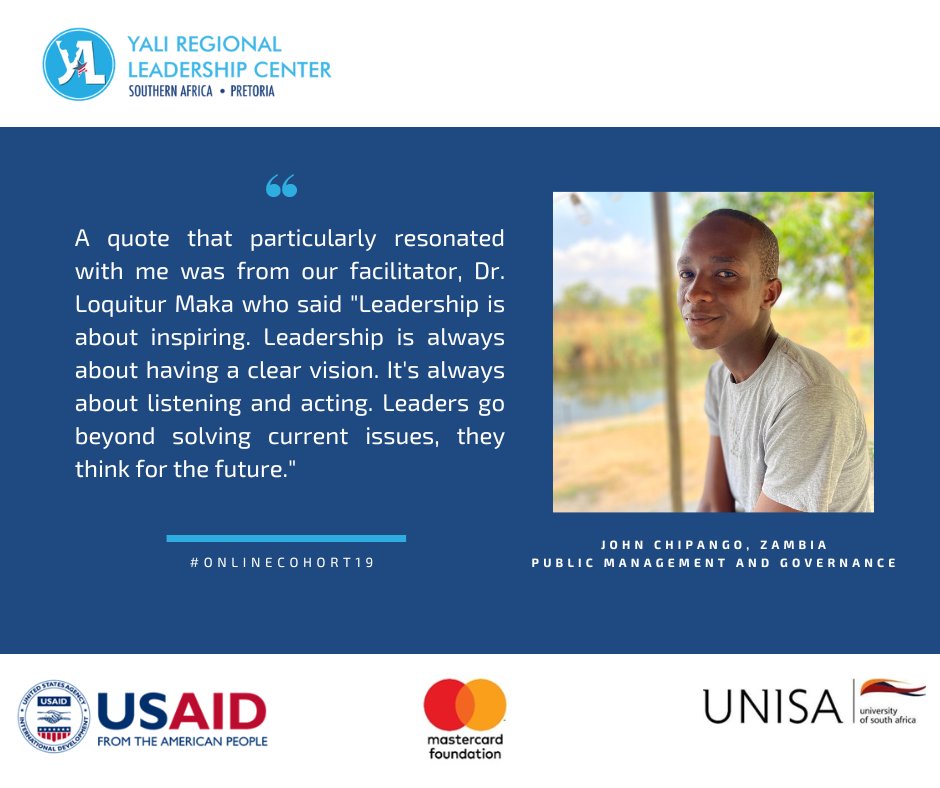 "Leadership is about inspiring. Leadership is always about having a clear vision. It's always about listening and acting. Leaders go beyond solving current issues, they think for the future." Dr. Loquitur Maka, YALI RLC SA Facilitator

<a href="/JohnChipangojnr/">John Chipango</a> #Zambia #OnlineCohort19