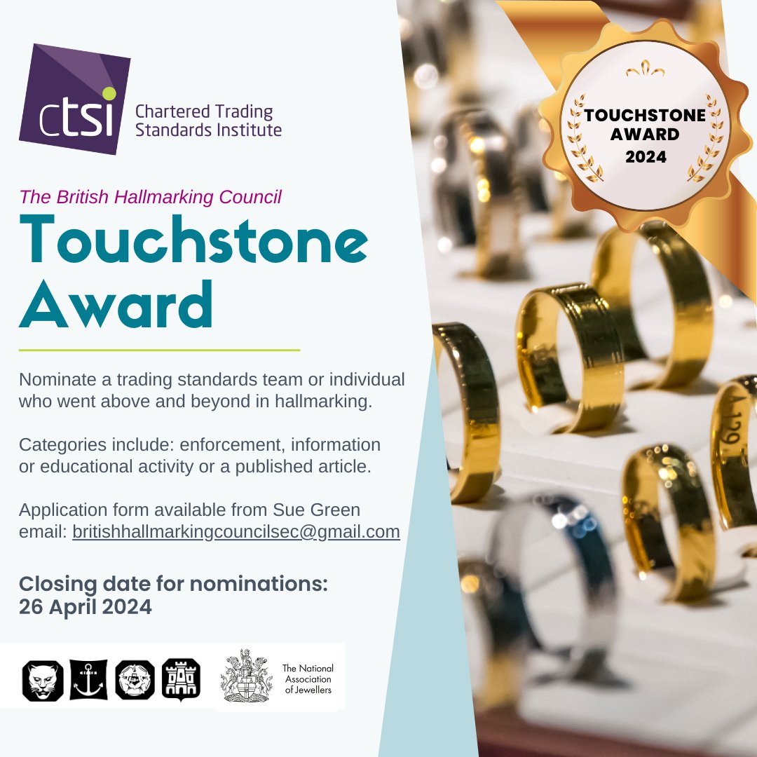 Nominations now open🏆 The Touchstone Award is awarded by the British Hallmarking Association to Trading Standards Department, or individual(s) for effective activity undertaken in hallmarking. Email britishhallmarkingcouncilsec@gmail.com for an application form #TouchstoneAward