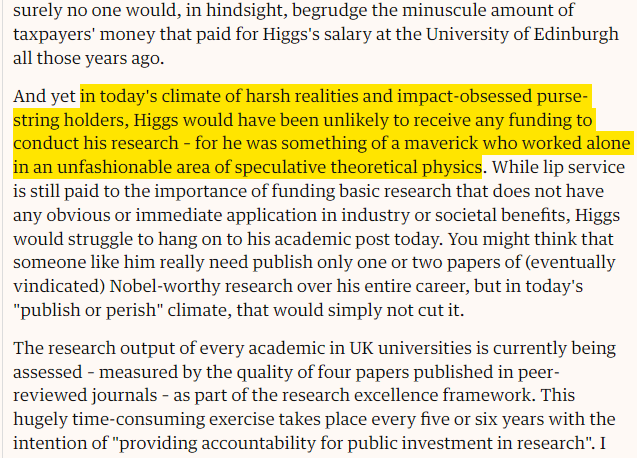 StevenJones_MCR's tweet image. Saddened to read about Peter Higgs' passing, and reminded of this piece by Jim Al-Khalili on 'publish or perish' academic cultures around the time of #REF2014.