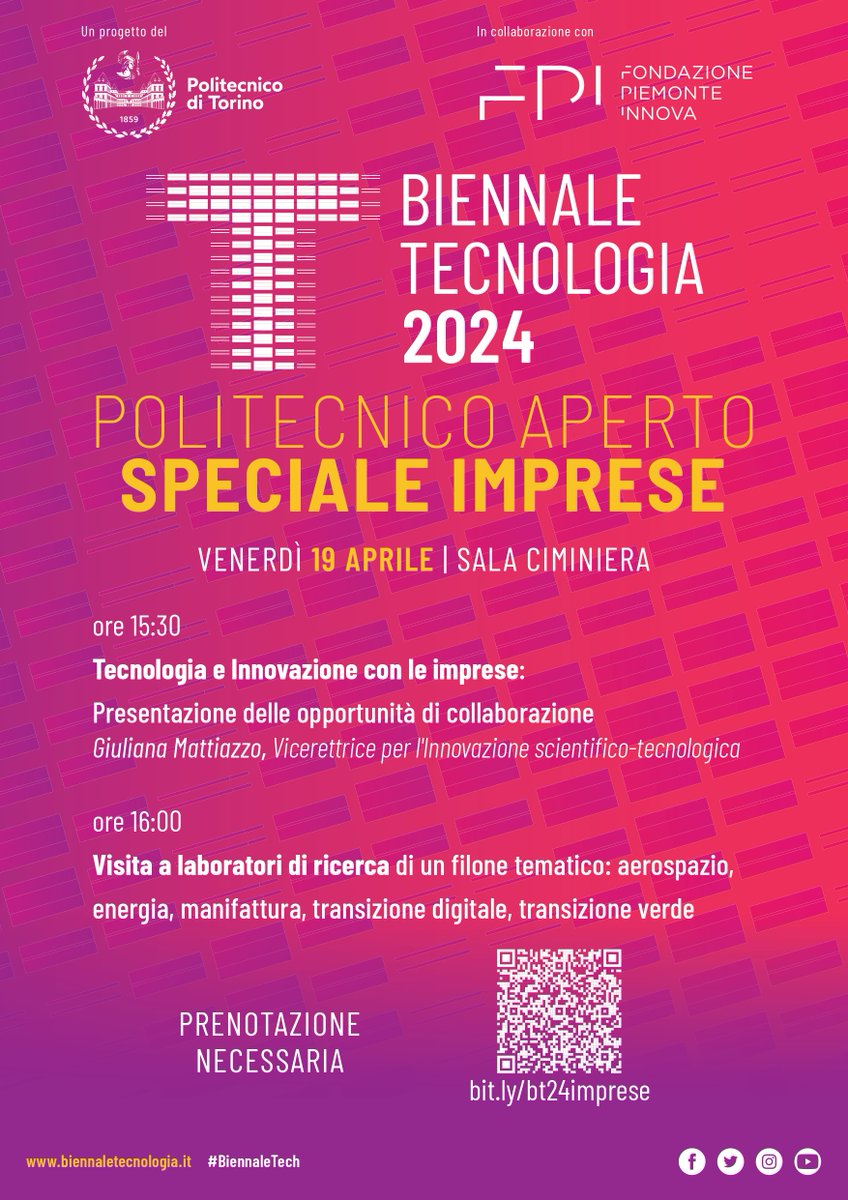 Politecnico Aperto – Speciale Imprese si svolgerà presso il @PoliTOnews il 19 aprile, nell’ambito di @BiennaleDemocr 🆕 ➡️le #imprese potranno partecipare alla visita a laboratori di ricerca di solito non accessibili Iscrizioni👉🏼eventbrite.it/e/biglietti-po…