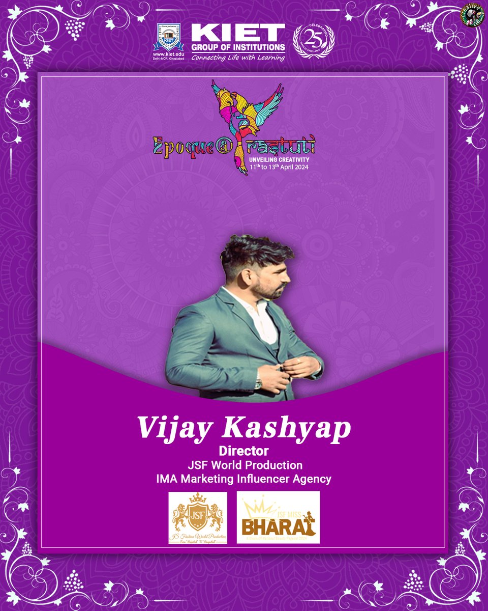 Introducing our #Associate_Partner for #Fashion_Show in #EpoqueAtPrastuti_2024, Mr. Vijay Kashyap. Renowned for his expertise in national shows, award ceremonies, fashion weeks, beauty pageants, and makeup seminars, 
#kiet_group_of_institutions #KIETGZB #KIET #AKTU #AICTE