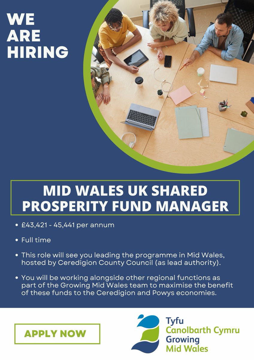 📣NEW DEADLINE ! We're recruiting - Mid Wales UK Shared Prosperity Fund Manager.  Join our team! #OpportunityGrowsHere Closing Date: 23/04/2024  Apply now 📷careers.ceredigion.gov.uk/jobs/req105263/