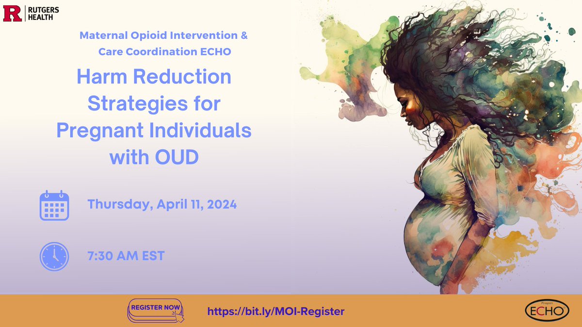 Join us for a transformative Maternal Opioid Intervention ECHO session, where we explore effective harm reduction strategies for pregnant individuals suffering from OUD. Together, we can make a difference. bit.ly/MOI-Register @NJDeptofHealth @FirstLadyNJ @ACOGPregnancy