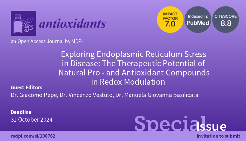 📘#SpecialIssue 'Exploring Endoplasmic #ReticulumStress in Disease: The Therapeutic Potential of Natural Pro- and Antioxidant Compounds in #RedoxModulation' is now open for submission! 👉Look forward to receiving your contribution at: mdpi.com/si/200762 @MDPIBiologySubj
