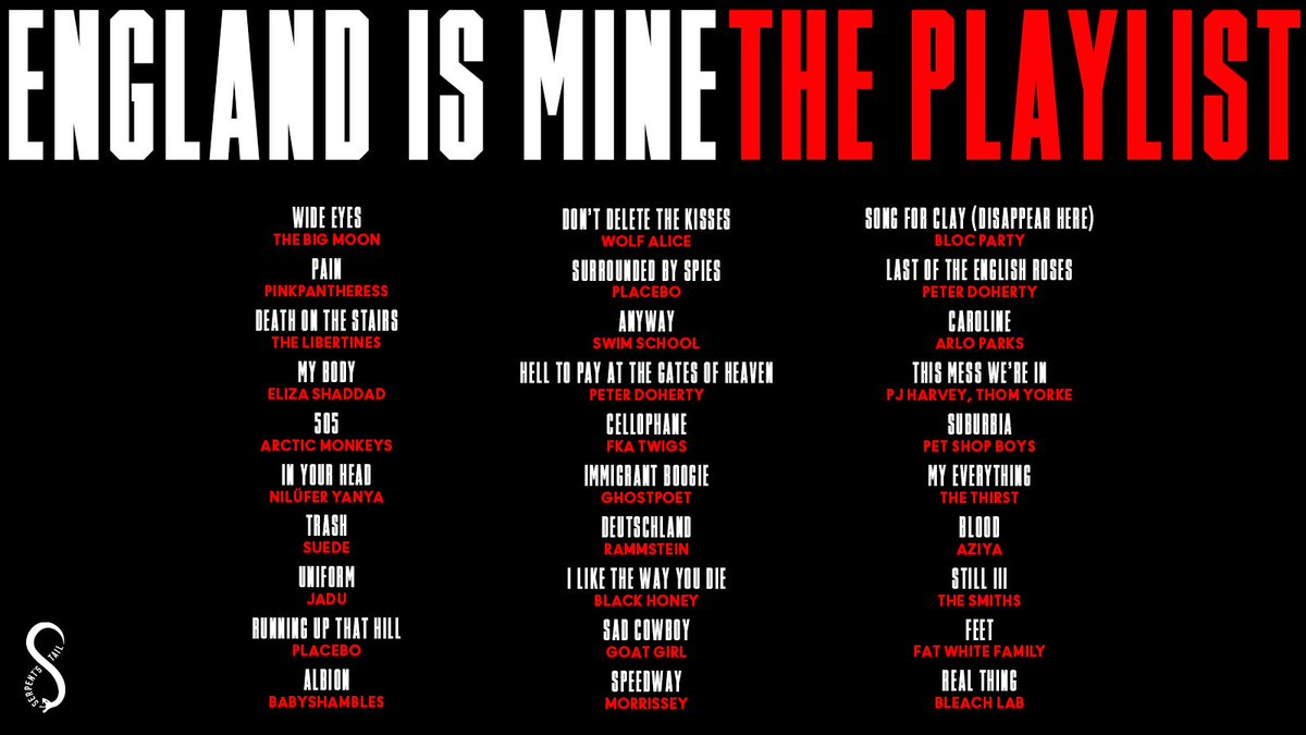 A playlist of songs that inspired ENGLAND IS MINE, featuring @petedoherty @arloparks @ghostpoet @FatWhiteFamily @itsaziya and more 🎶 open.spotify.com/playlist/34mQr…