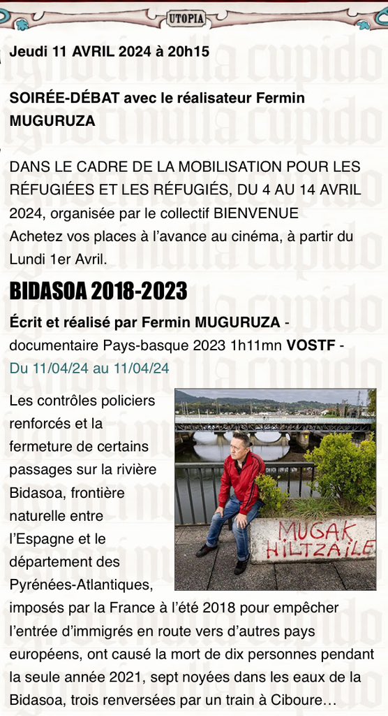 Eskerrik asko Poitiers - Cinéma Le Dietrich. “Bidasoa 2018-2023” 🗓️ jeudi 11 avril ⏰ 20:15 BORDEAUX - Cinéma Utopia. Dans le cadre de la mobilisation pour les réfugiées et les réfugiés. Organisée par le collectif @BienvenueRefugi .