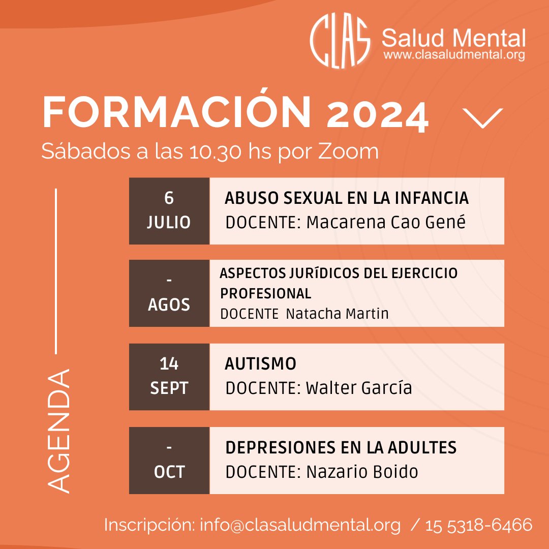 ClasSalud's tweet photo. Profesionales de la salud y estudiantes avanzados, los invitamos a participar de un ciclo de charlas en Clas.

Compartimos el calendario de las próximas fechas.

Encuentros por Zoom. ¡Te esperamos! Inscripción info@clasaludmental.org / WSP: 15 5318-6466

#SaludMental #Psicología https://t.co/RuGlXJEe4q