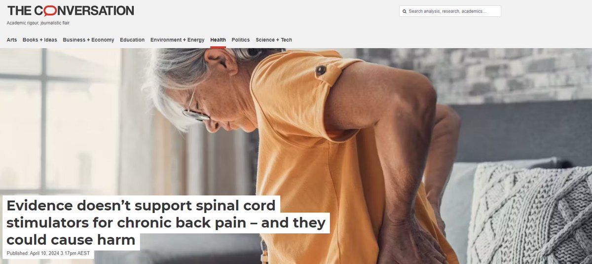 Evidence doesn’t support spinal cord stimulators for chronic back pain – and they could cause harm 🙅 New @ConversationEDU article just published by @doctordoubter @adrian_traeger @Caitlin_Jones_ #backpain #4corners #spinalcordstimulators