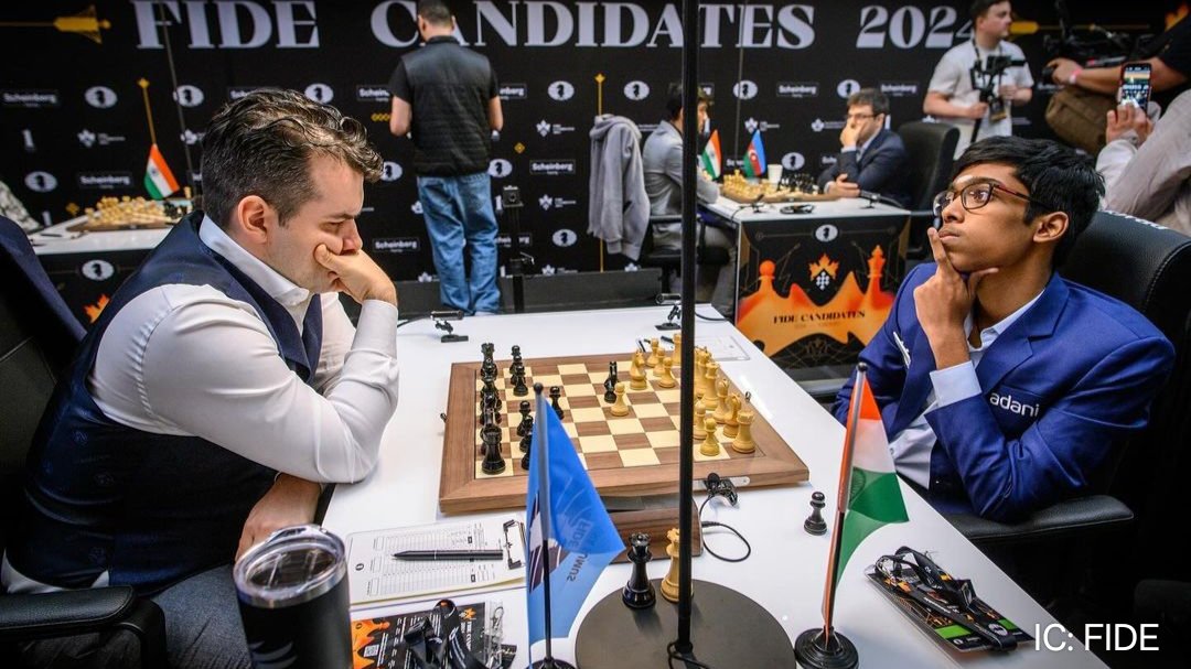 A nail-biting encounter ✅ Our chess wizard @rpraggnachess passed another round of #FIDECandidates2024 as he held his fortress against the formidable Ian Nepomniachi. 🙌 #Adani #Chess