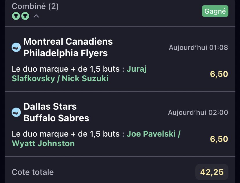 HelekTips's tweet image. En système on valide une belle cote à 42 ✅

En simple Slafkovsky/Suzuki (6,50) ✅

Pavelski / Johnston (6,50) ✅

Dommage encore pour le match de florida y'avait moyen d'aller chercher la côte à 200 :/

#TeamParieur #NHL