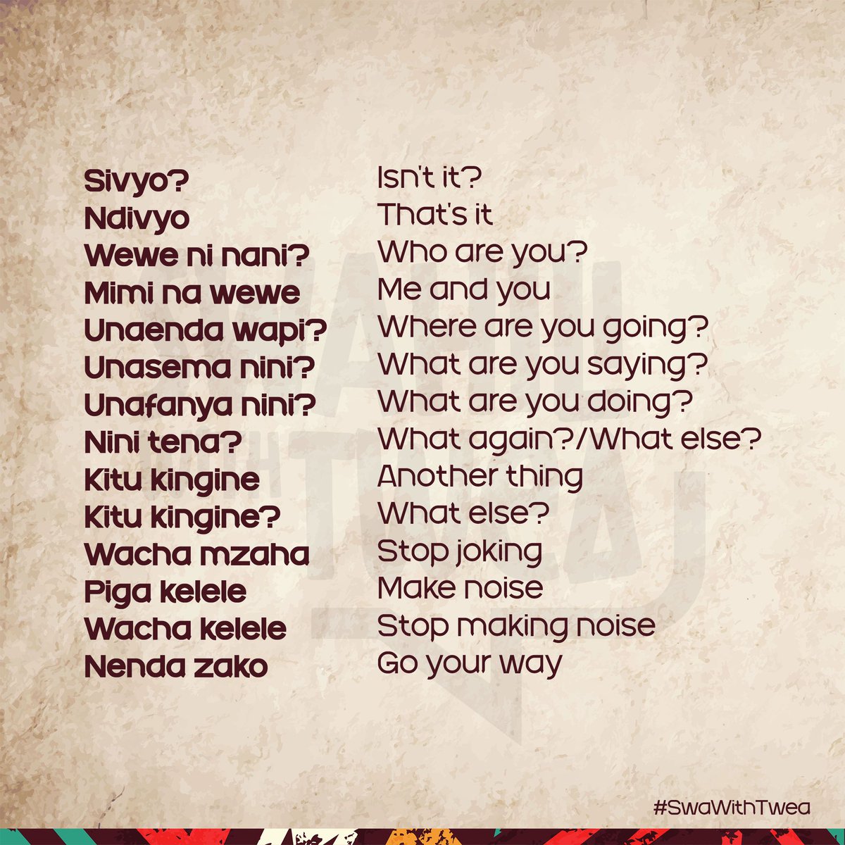 Hamjambo 
More #Swahili common phrases and some of their meaning based translation 
#SwaWithTwea