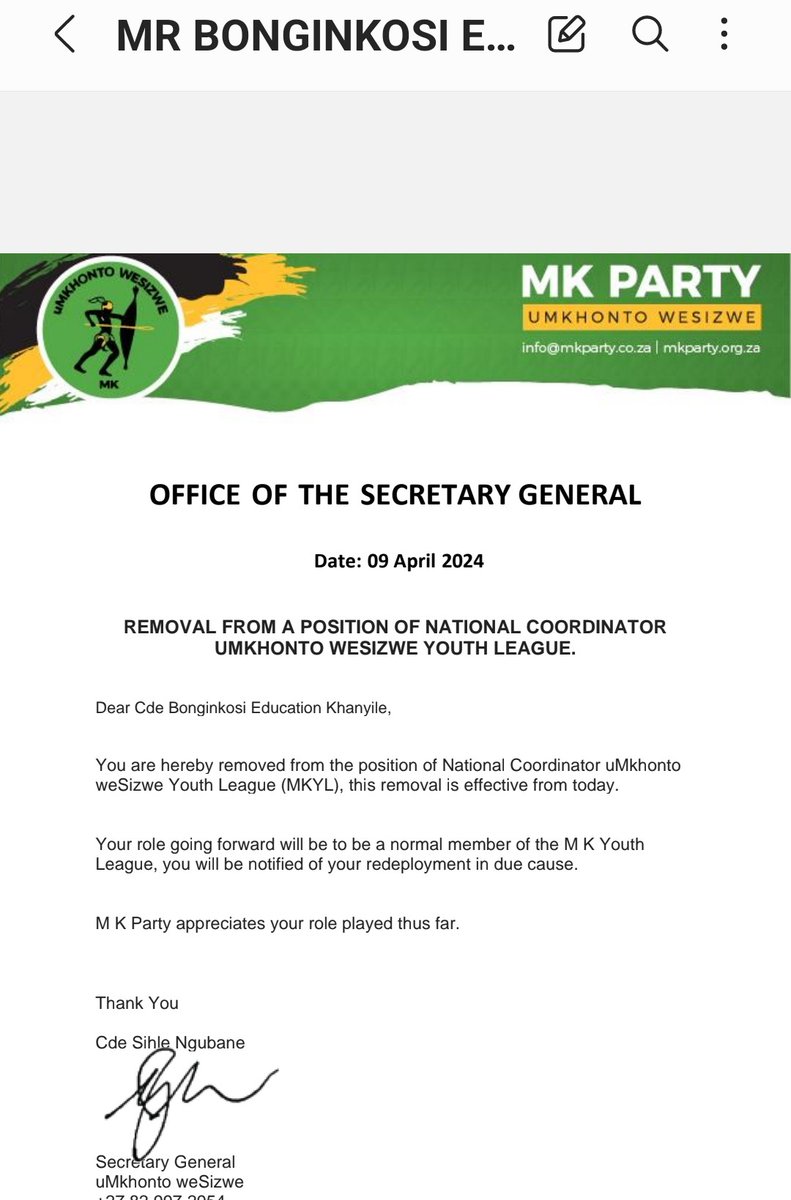 BREAKING NEWS: The MK Party has sacked Bonginkosi Khanyile as the national coordinator of its youth league. Khanyile was sacked via a letter dated 9 April 2024. No reasons were given for his sacking. Some MK Party members felt that he was a divisive figure. @ScrollaAfrica