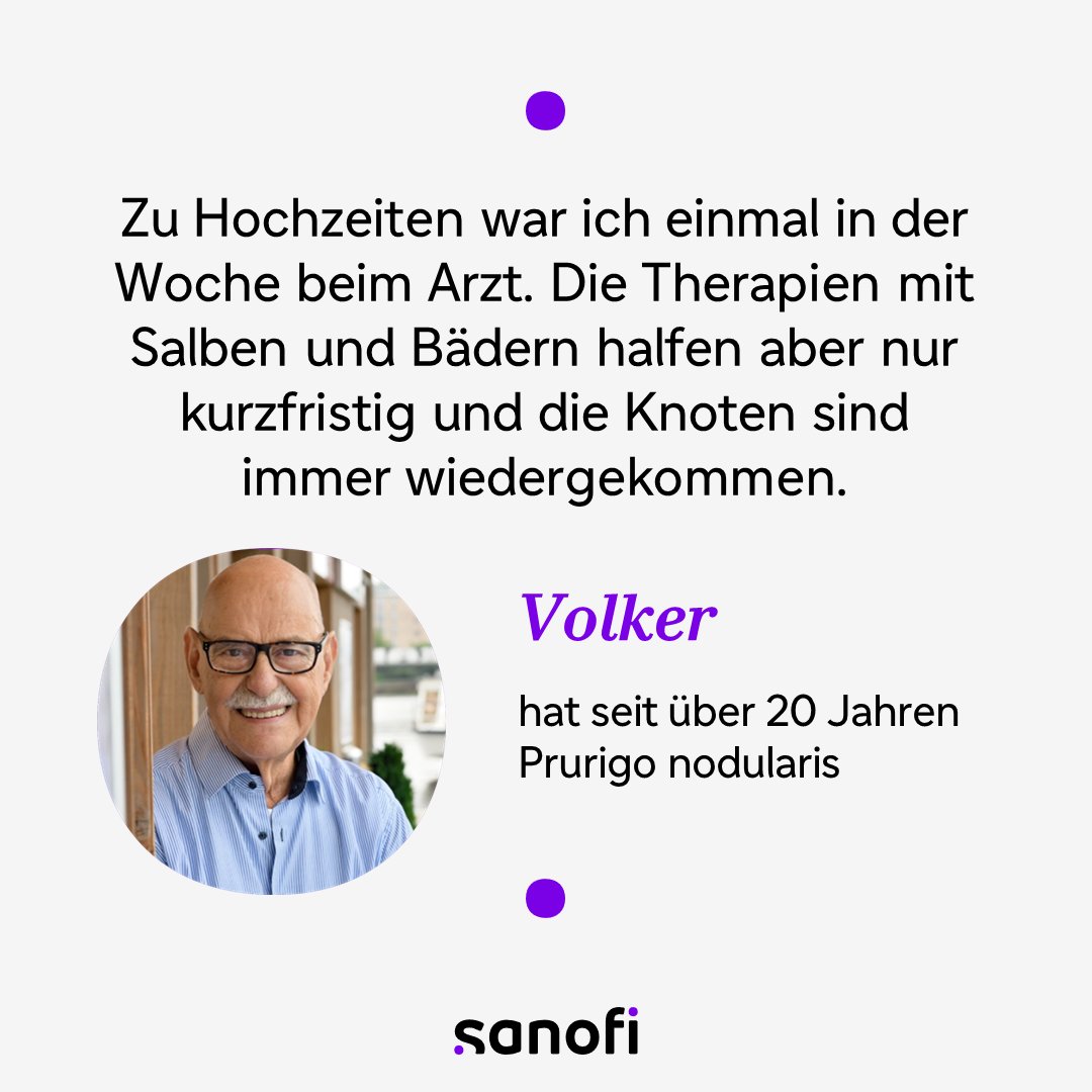 Die #Hauterkrankung Prurigo nodularis beeinträchtigt die #Lebensqualität stark. Der Weg bis zur richtigen #Therapie ist oft lang, doch er lohnt sich – Volker kann im Alter von 80 Jahren endlich gut mit der Erkrankung leben. Mehr Informationen gibt es hier: prurigo-nodularis.info/services