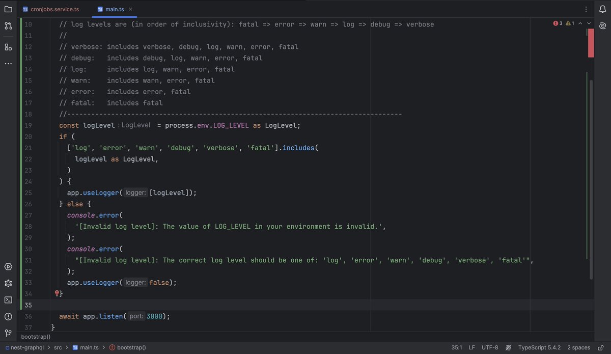 Using NestJS Logger for logging, great support and excellent support for log levels.