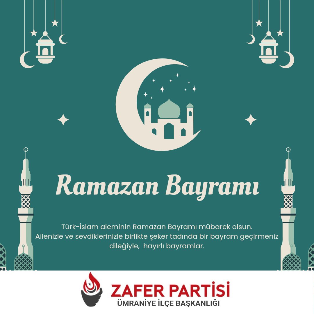 Türk-İslam aleminin #RamazanBayramı mübarek olsun. Ailenizle ve sevdiklerinizle birlikte şeker tadında bir bayram geçirmeniz dileğiyle, hayırlı bayramlar. 🇹🇷🍬 @umitozdag @zaferpartisi @eerhan1 @ZaferPartisi_34 @Savaskurnaz4 @AhmetTuranSumer @kiymetlisltn @zpumraniyegenc…