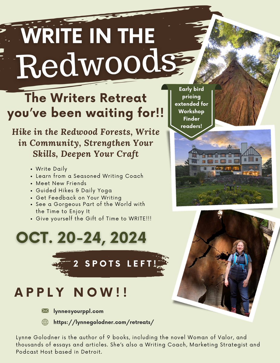 workshop-finder.com/writing-worksh…
Write in the Redwoods Retreat
Join Writing Coach & Author Lynne Golodner for five glorious days October 20-24, 2024, in the Redwood forests of northern California for a writers retreat that will change your life!
#WritingWorkshop #WritingRetreat