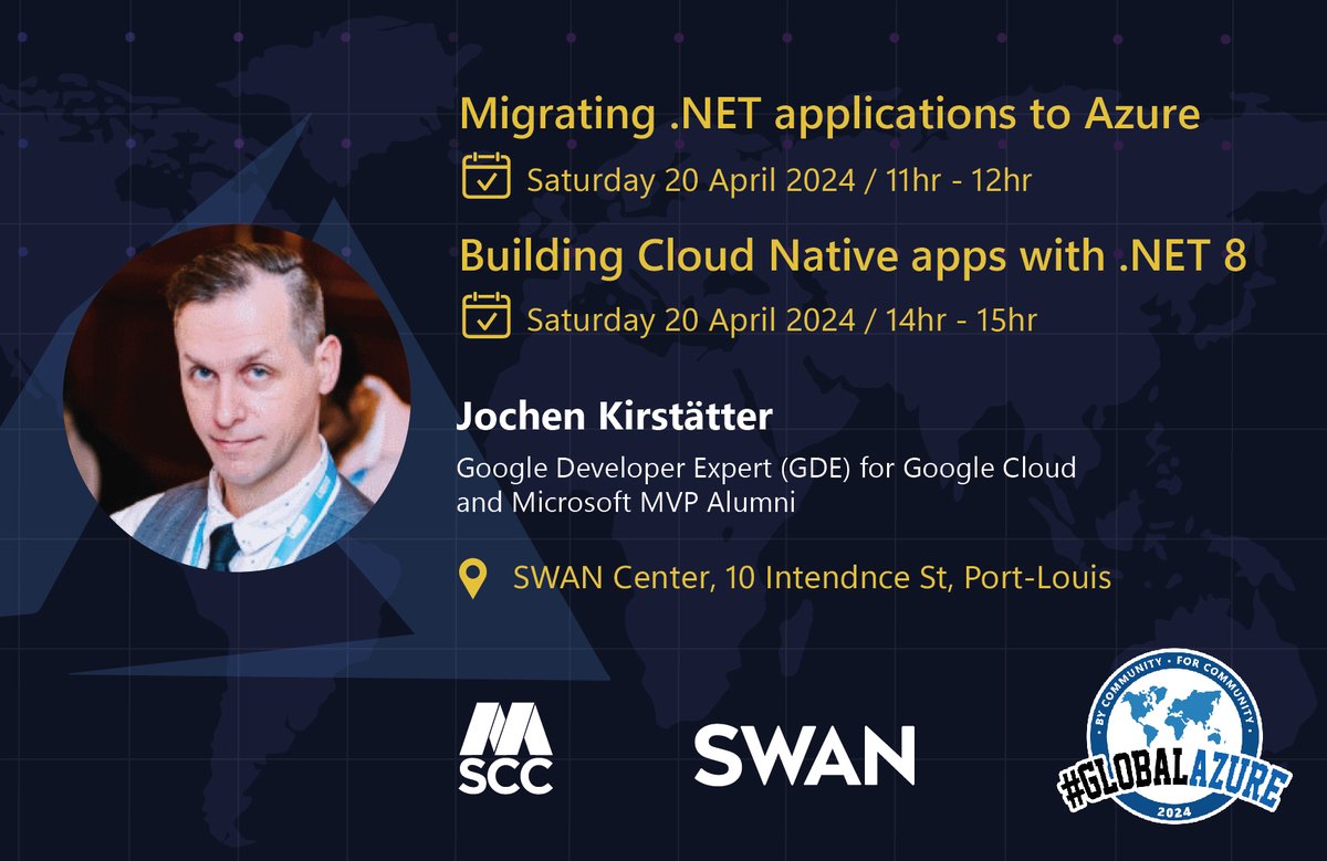 Shelly_Bhujun's tweet photo. Exciting news! Join us at the Global Azure Bootcamp to hear from Jochen Kirstätter as he shares insights on building cloud-native apps with .NET 8 and migrating .NET applications to Azure. 
Reserve your spot now at https://t.co/laNdTwVtbc
#GlobalAzureBootcamp #MSCC #Mauritius https://t.co/KTSBm2gpn0
