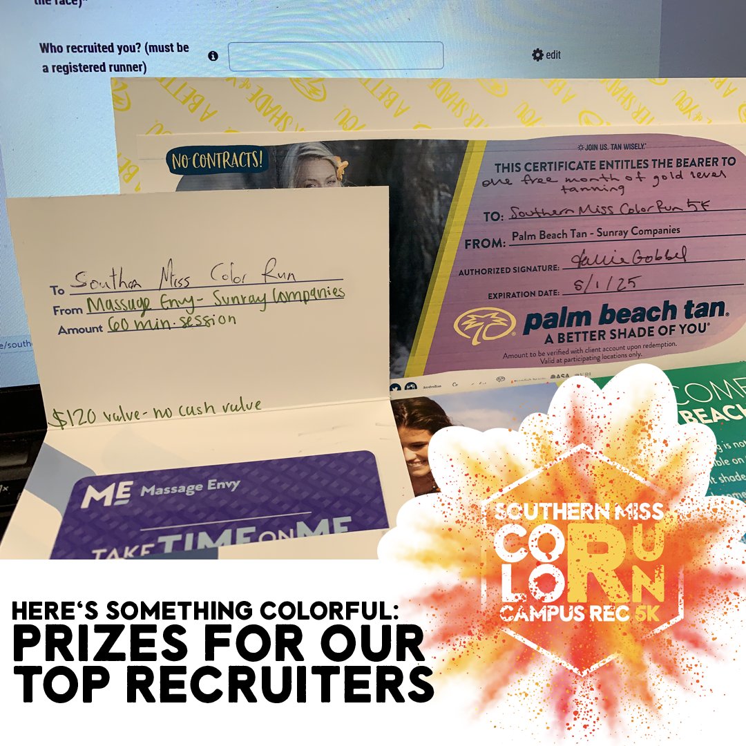 somisscampusrec's tweet photo. The runners with the most referrals for Saturday's #SouthernMissColorRun5K win prizes from Massage Envy, Palm Beach Tan, and Patio 44. Make sure your friends list your name in the "Who Recruited You" box when you register https://t.co/T3v2hq0cCc #USMRecLife #USMCampusRec #SMTTT https://t.co/97TNoGXtkw
