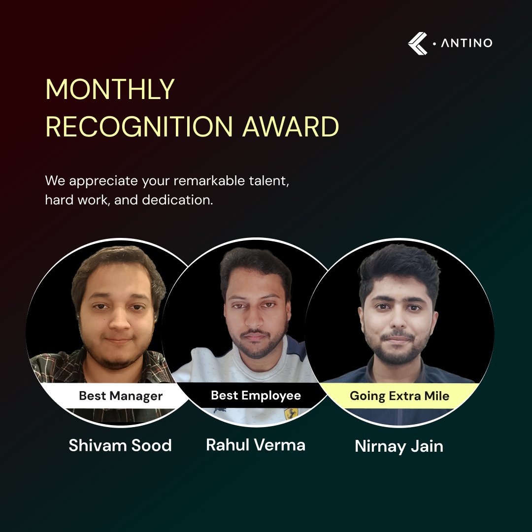 Celebrating the top Antinovators of the month!

We're extremely proud of the brilliant minds who have been recognized with our Monthly Recognition Awards (Feb'24) for their exceptional talents.

Here's to achieving more in the coming days!

#monthlyawards #antino