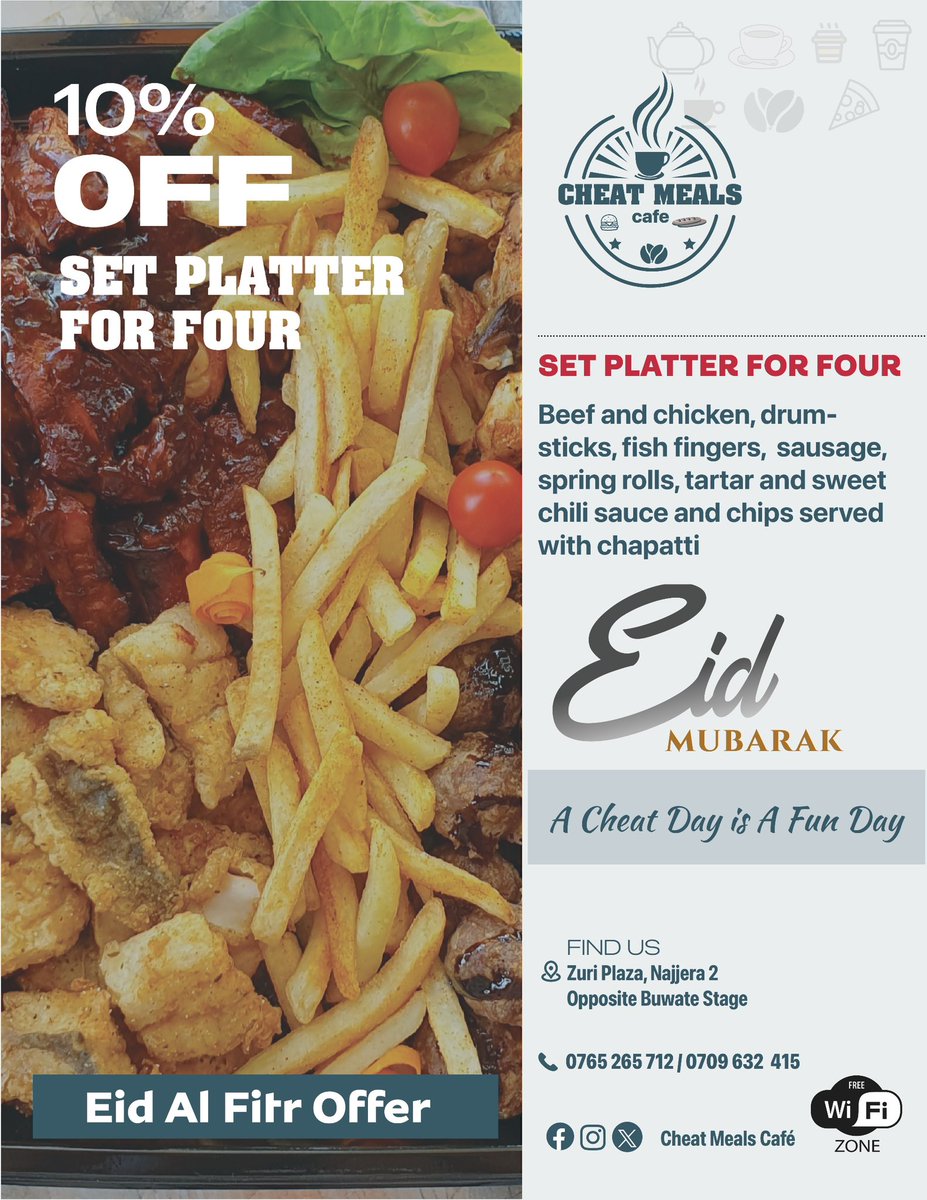 CheatMealsCafe's tweet photo. There’s an offer at our cafe to celebrate Eid 🌙

10% off the following amazing treats 🍱🍛

#CheatMealsCafe
#EidAlFitr2024 https://t.co/nGQ1UR9Fof