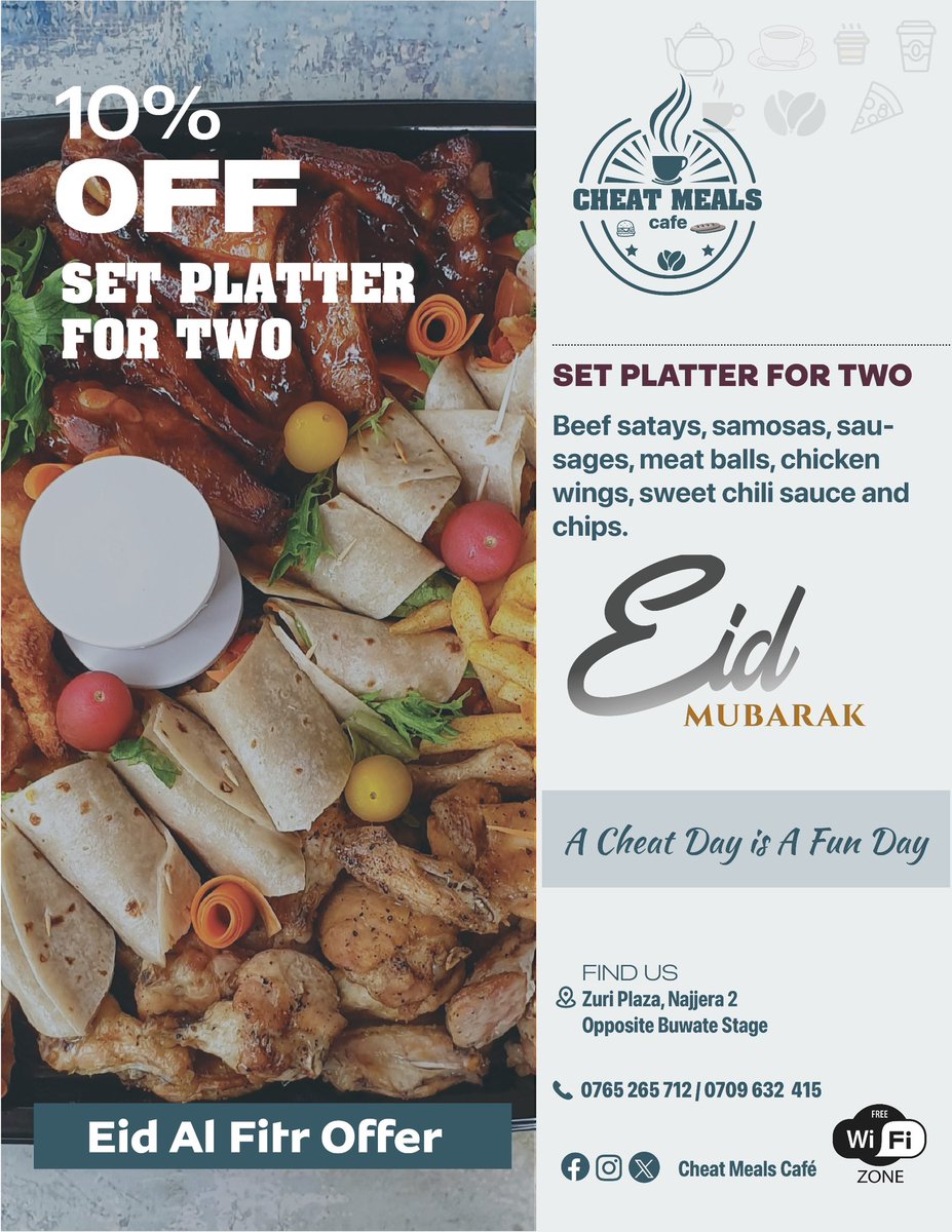 CheatMealsCafe's tweet photo. There’s an offer at our cafe to celebrate Eid 🌙

10% off the following amazing treats 🍱🍛

#CheatMealsCafe
#EidAlFitr2024 https://t.co/nGQ1UR9Fof