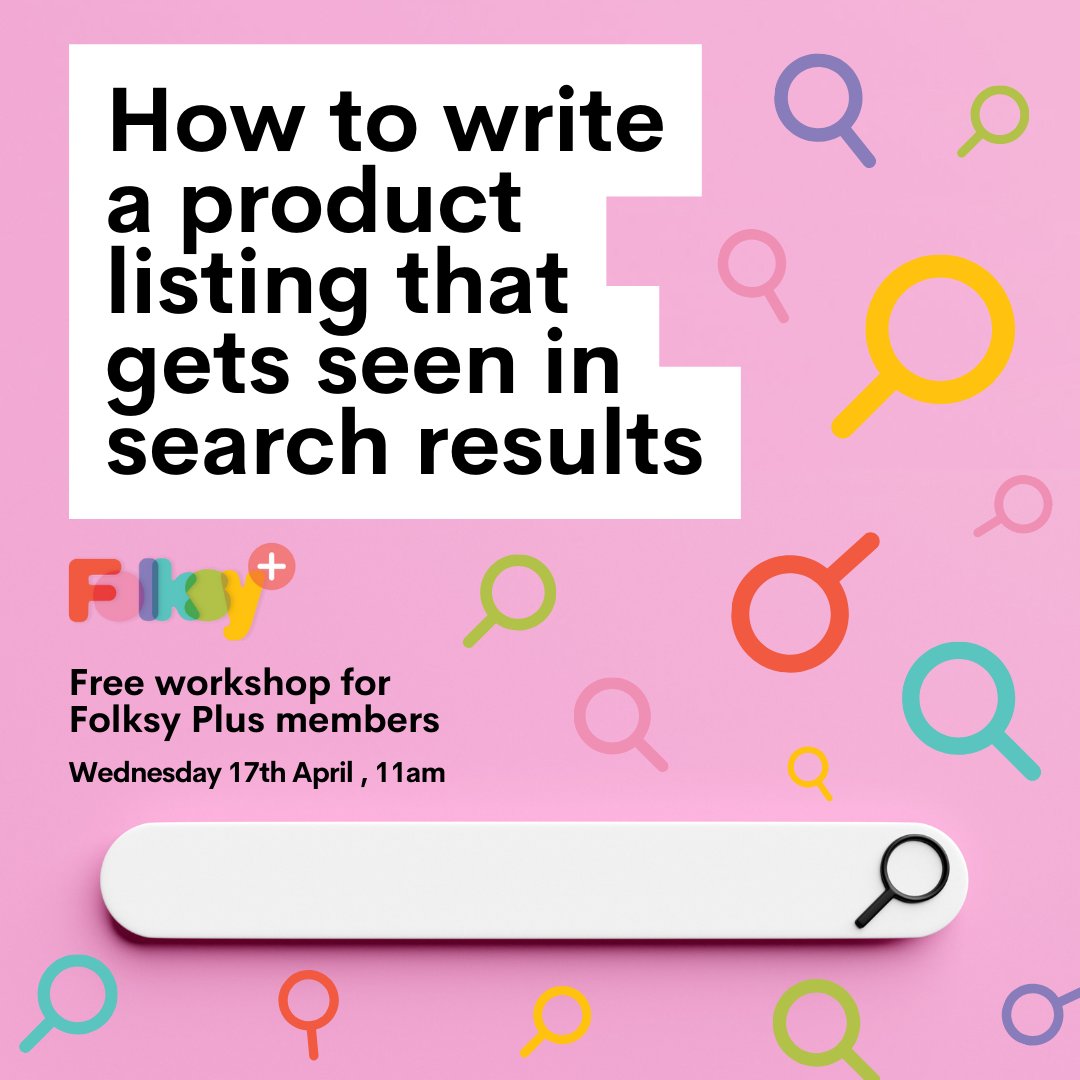 Next Wednesday, in a FREE webinar for Plus members, Camilla from Folksy will be sharing advice on writing product listings that get seen in search results.👌🏻⁠ 📅 Join us LIVE online at 11am (also recorded), on 17th April using the link on your Plus page.