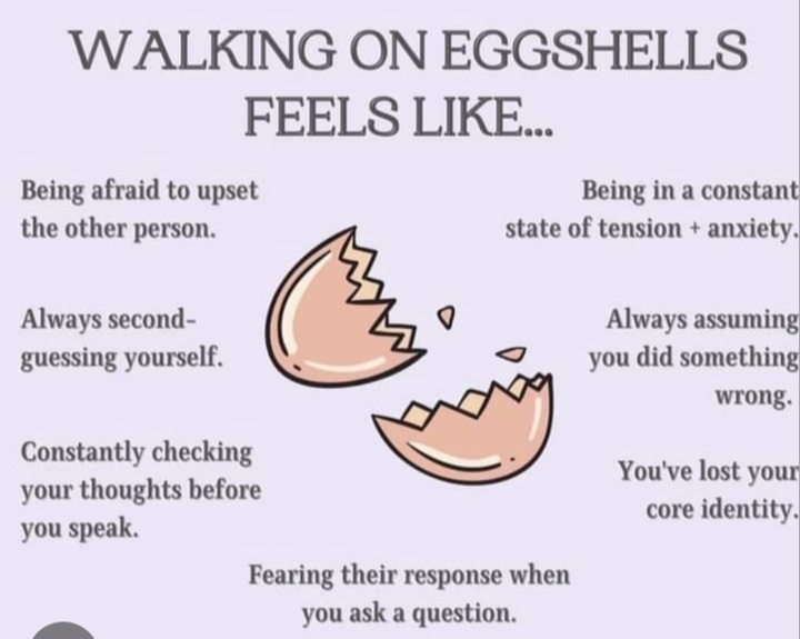 If you spend a lot of your time ❌ walking on eggshells ❌ managing the atmosphere at home ❌ worried about your partner's mood ❌ trying to keep the peace ❌ apologising for things that you didn't do ❌ questioning yourself you are in an abusive relationship.