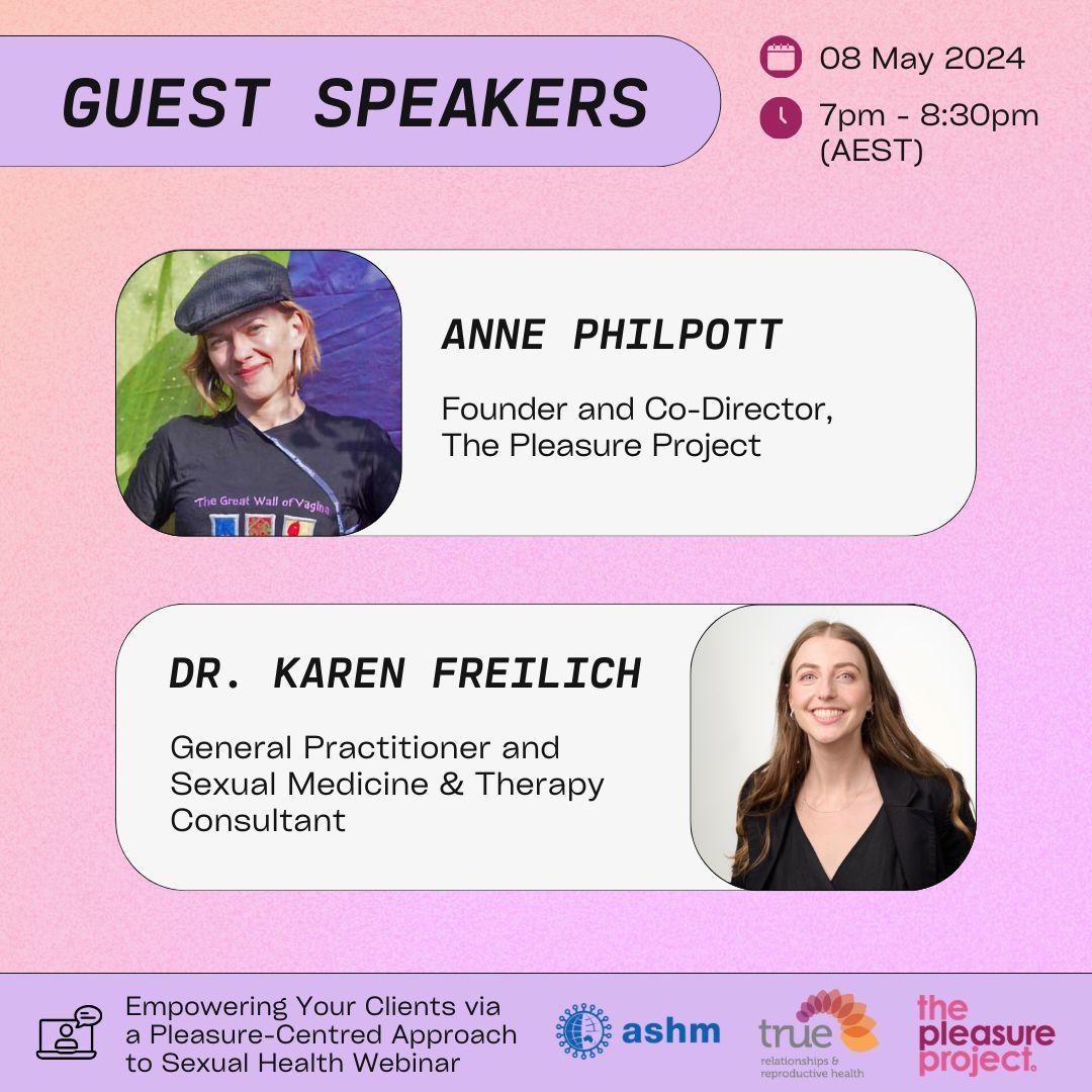 Transform how you talk to clients about their sexual health. Learn how to centre pleasure in #SexualHealth at the Empowering Your Clients via a Pleasure-Centred Approach to Sexual Health webinar on 8 May. Register: buff.ly/4aQknaW @thepleasureproj @TrueOrgAu