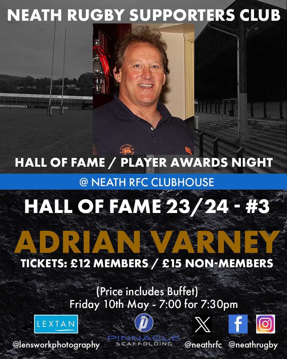 neathrfc's tweet photo. 🚨 NRSC HALL OF FAME / NRFC AWARDS EVENING 2023-24 🚨
📆 10.05.24 (Friday)
⏰ 7.00 for 7.30pm start.
📌 Neath RFC Clubhouse
This year’s third Inductee is ADRIAN VARNEY
Read full article on the website:
🔗 https://t.co/6ofMGQSeWF
#WelshAllBlacks #NeathRFC #NeathSupporters https://t.co/ysrPUdqkRp