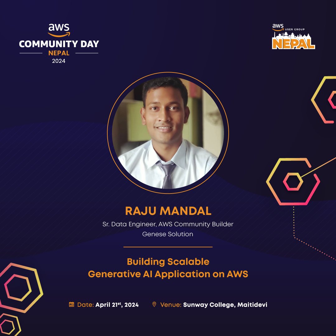 AwsugNepal's tweet photo. Introducing our Speaker!✨

We are delighted to announce Raju Mandal as a speaker for the AWS Community Day Nepal 2024.  

🎫Book your tickets today: https://t.co/r5DrRyneYr

#AWSCommunityDay2024 #AWSUserGroupNepal #AWS #AUGNepal #acdnepal #CommunityDay https://t.co/wMm2JMvZUA