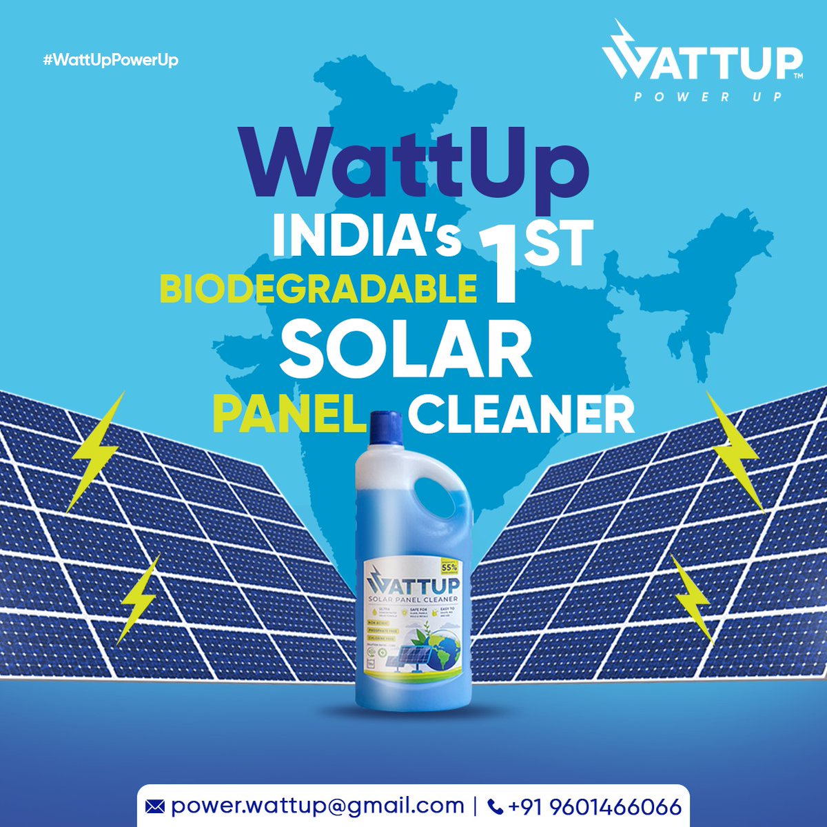 India’s first biodegradable solar panel cleaner, paving the way for sustainable energy solutions.

#WattUp #WattUpSolution #PowerWattup #SolarPanelCleaning #RenewableEnergy #EnergyEfficiency #CleanEnergy #SolarMaintenance #GreenEnergy #EnergyReturns #SustainablePower #Maximize