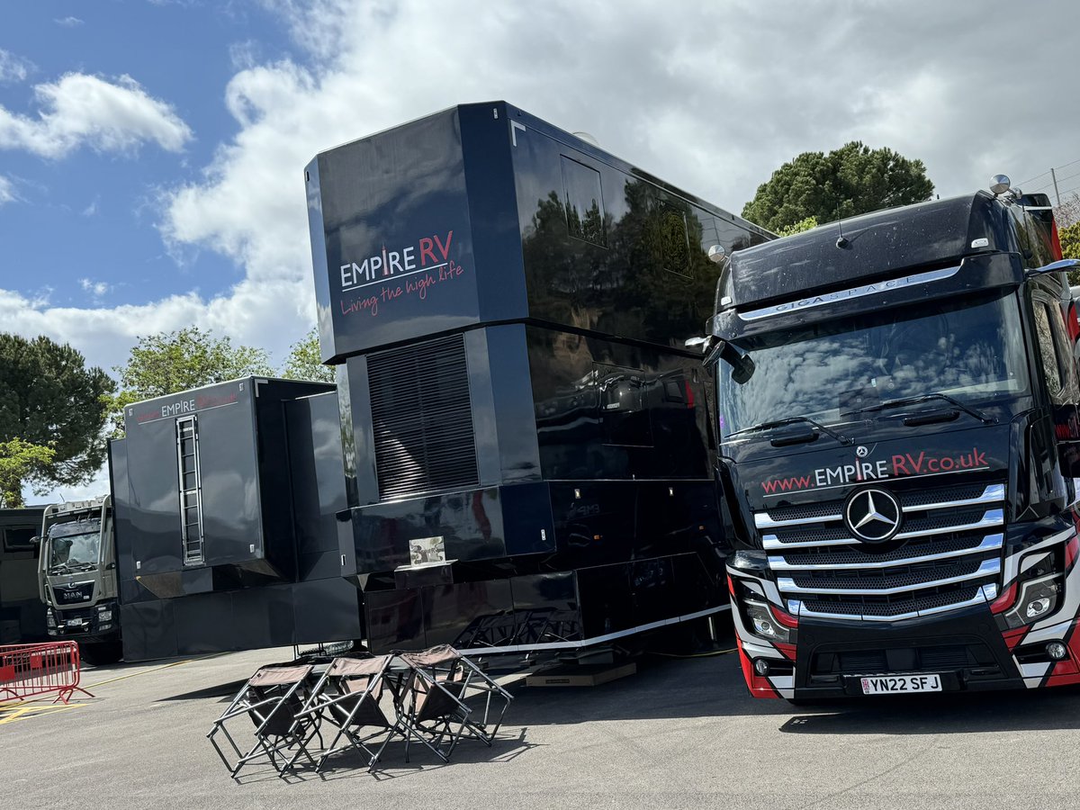 EmpireRV's tweet photo. Hello from sunny @Circuitcat_eng for @EuropeanLMS Here are our two @riojavehicles set up ready for our clients! https://t.co/Uj9OYLTkrY